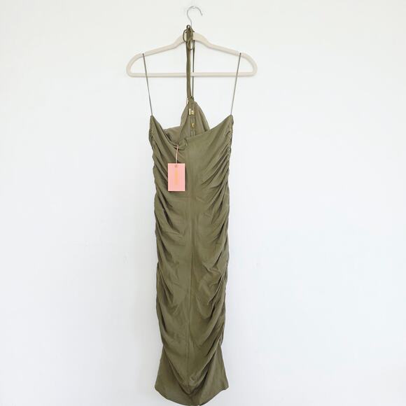 Cult Gaia Calian Ruched Halter Bodycon Dress Green Tea Gold Tone Hardware Large - Picture 4 of 8